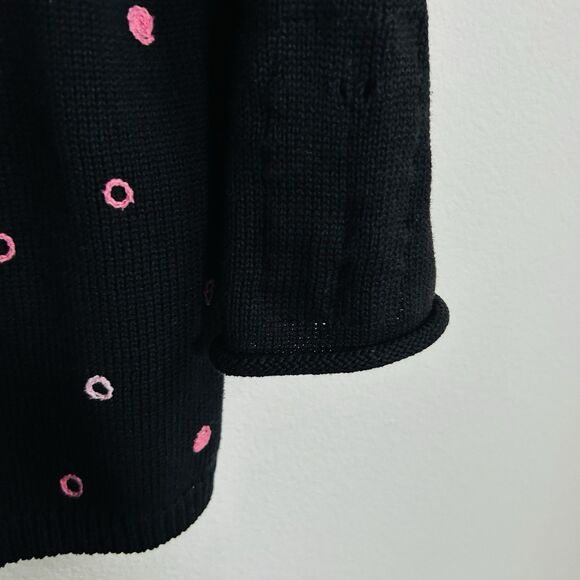 VTG April Cornell Size S Black Cardigan Pink Polka Dot Embroidery - Picture 8 of 9